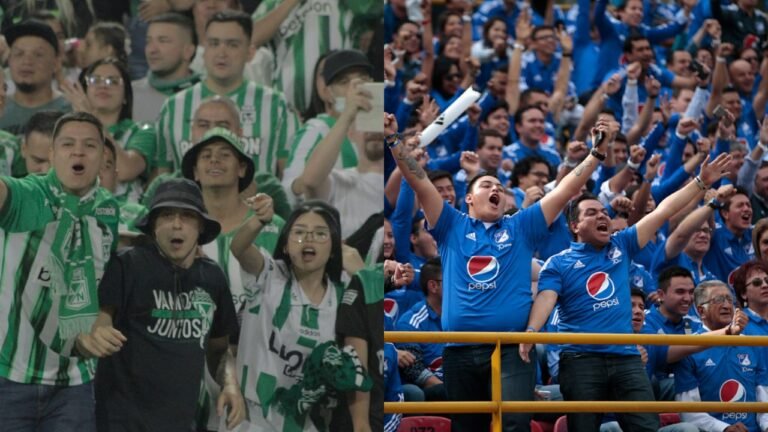 Hinchas de Atlético Nacional y Millonarios en la Liga BetPlay | Foto: Montaje / Futboldata.